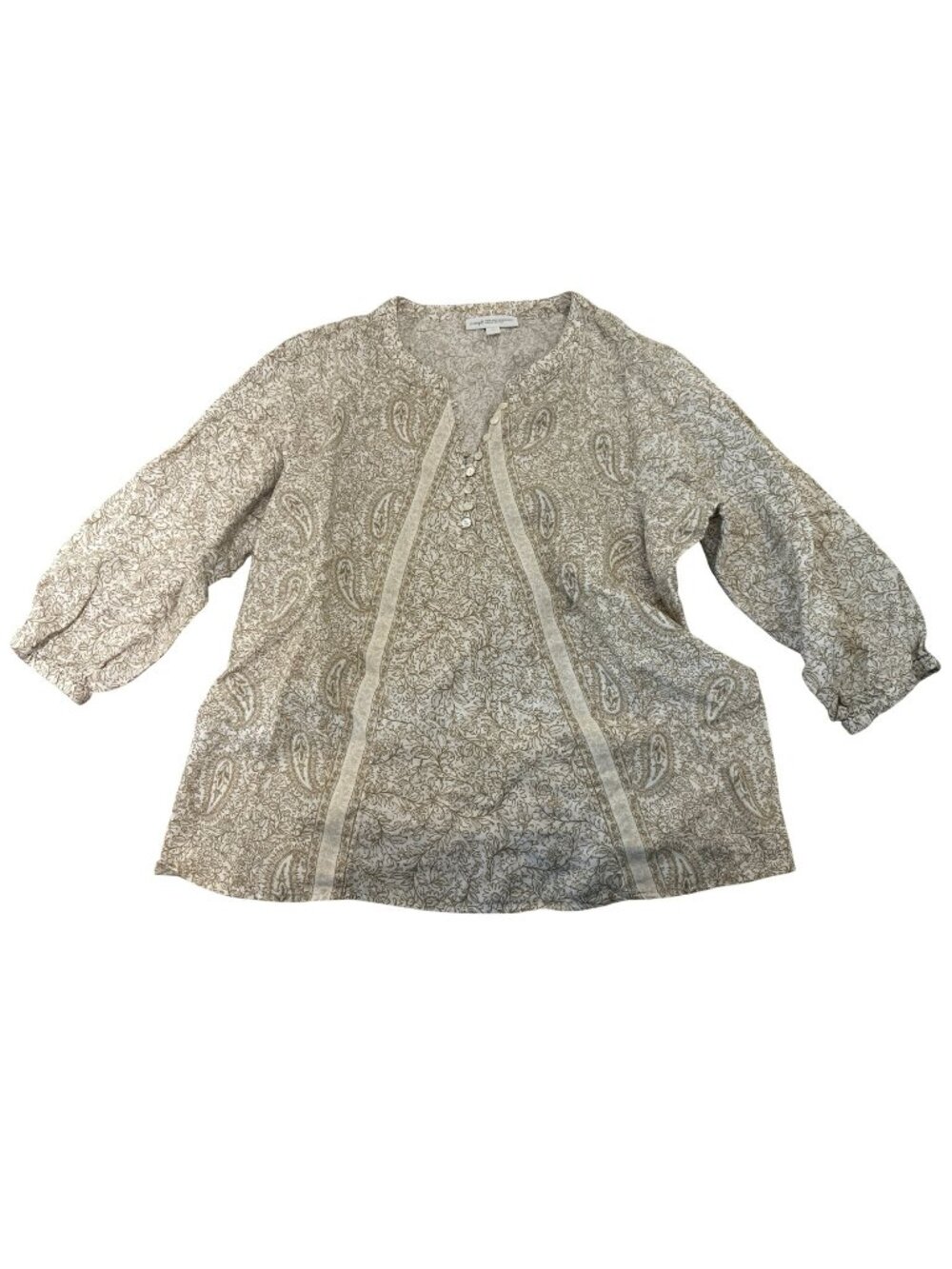 Pure Jill Womens Top Blouse L Organic Cotton Paisley Tunic Boho Mother of Pearl